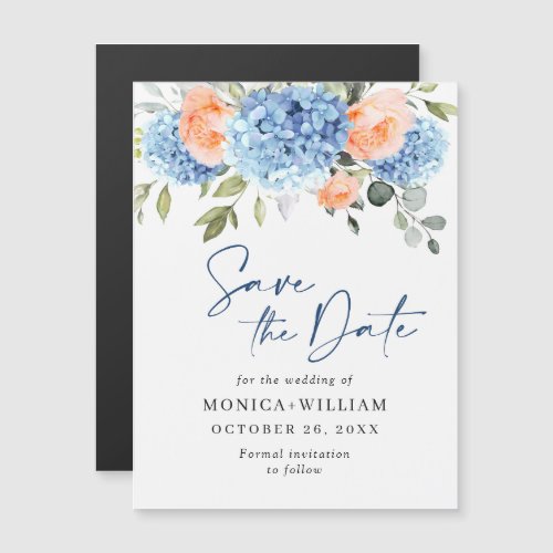 Blue Hydrangea Blush Roses Save the Date Magnet