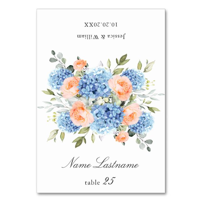 Blue Hydrangea Blush Roses Wedding Escort Card (Front)