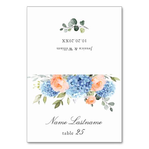 Blue Hydrangea Blush Roses Wedding Escort Card