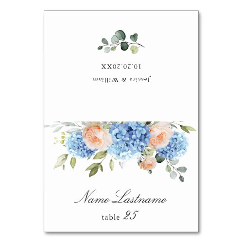 Blue Hydrangea Blush Roses Wedding Escort Card