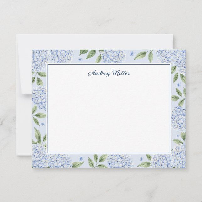 Blue Hydrangea Border Blue Personalized Note Card (Front)