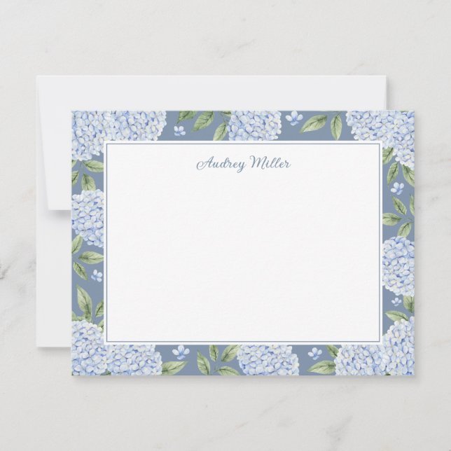 Blue Hydrangea Border Dusty Blue Personalized Note Card (Front)