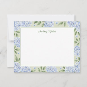 Blue Hydrangea Border Green Personalized Note Card