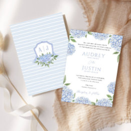 Blue Hydrangea Border, Personalized Crest Wedding Invitation