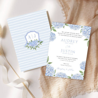 Blue Hydrangea Border, Personalized Crest Wedding Invitation