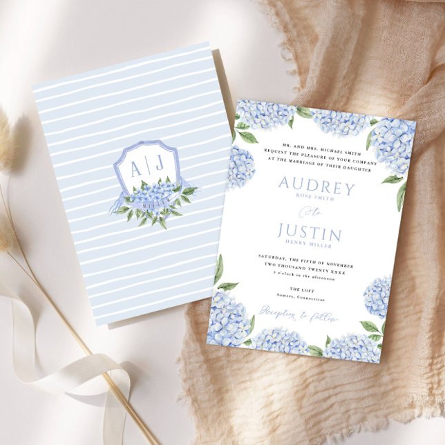 Blue Hydrangea Border, Personalized Crest Wedding Invitation (Creator Uploaded)