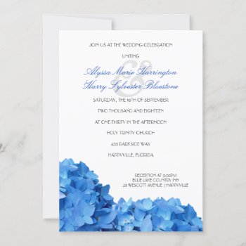 Blue Hydrangea Border Printed Wedding Invitation by BlueHyd at Zazzle