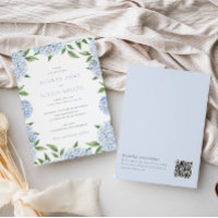 Blue Hydrangea Border, QR Code on Back, Wedding