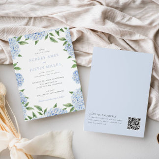 Blue Hydrangea Border, QR Code on Back, Wedding Invitation