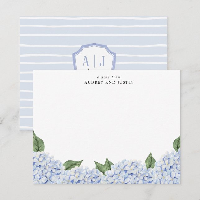 Blue Hydrangea Border w/Crest, Personalized Note Card (Front/Back)
