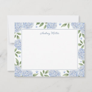 Blue Hydrangea Border White Personalized Note Card