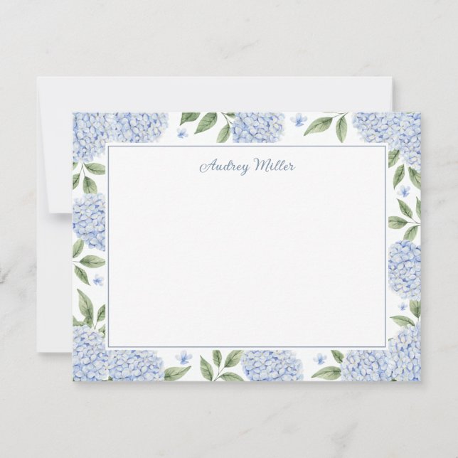 Blue Hydrangea Border White Personalized Note Card (Front)