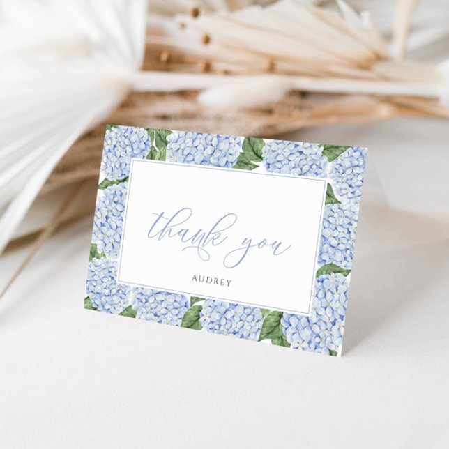 Blue Hydrangea Bordered Personalized Script Letterpress Thank You Card (Creator Uploaded)