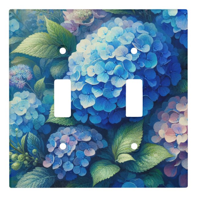 Blue Hydrangea Botanical Art Double Light Switch Cover (Front)