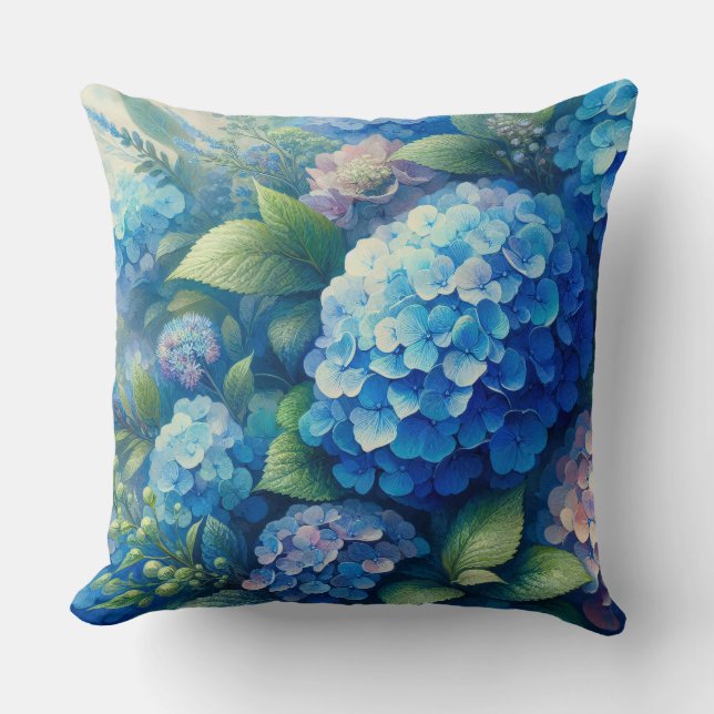 Blue Hydrangea Botanical Art Throw Pillow (Front)