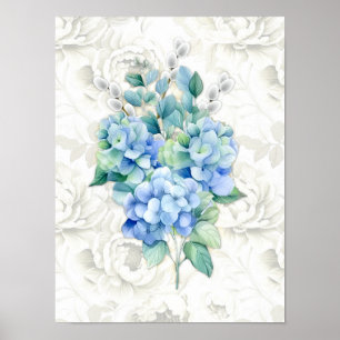 Blue Hydrangea Botanical Ivory Floral Background Poster