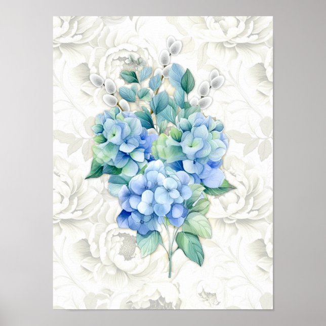 Blue Hydrangea Botanical Ivory Floral Background Poster (Front)