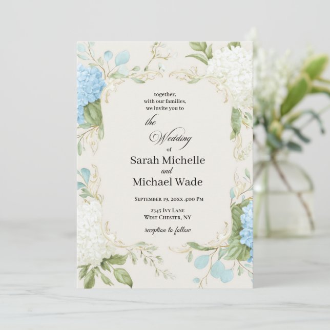 Blue Hydrangea Botanical Romance Invitation (Standing Front)