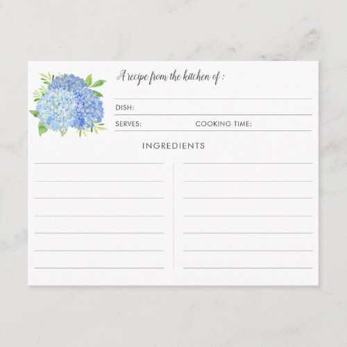 Blue Hydrangea Bouquet Botanical Recipe Cards