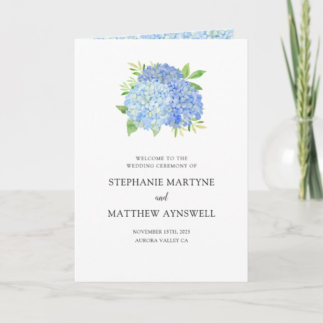 Blue Hydrangea Bouquet Botanical Wedding Program (Front)