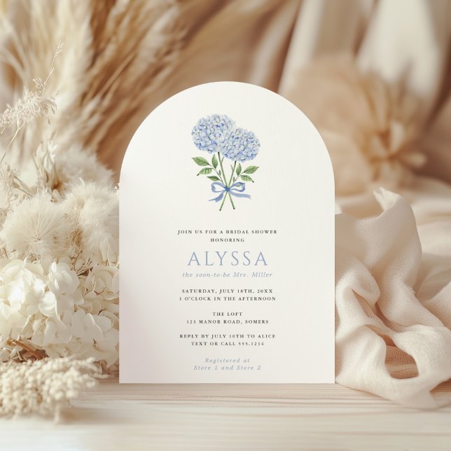 Blue Hydrangea Bouquet & Bow Bridal Shower Arched Invitation (Creator Uploaded)
