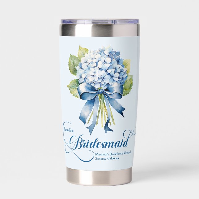 Blue Hydrangea Bouquet Bridesmaid Bachelorette Insulated Tumbler (Front)