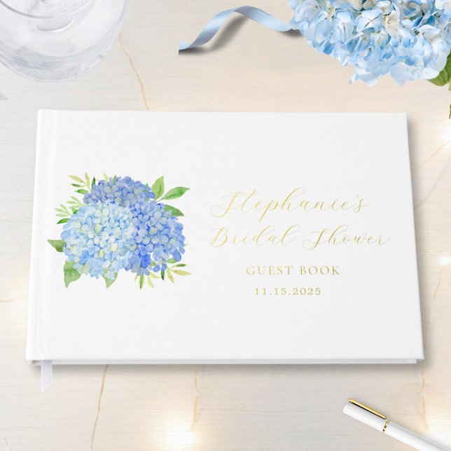 Blue Hydrangea Bouquet Floral Bridal Shower Foil Guest Book (Creator Uploaded)