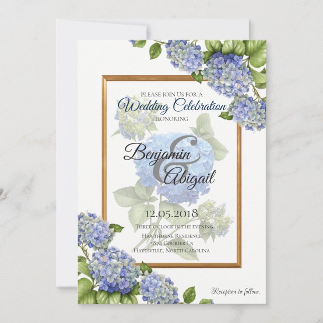 Blue Hydrangea Bouquet Gold Elegant Floral Wedding Invitation (Front)