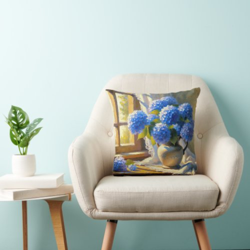 Blue Hydrangea Bouquet In Vintage Jug Throw Pillow