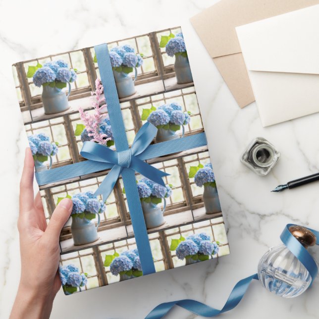 Blue Hydrangea Bouquet In Window Wrapping Paper (Gifting)