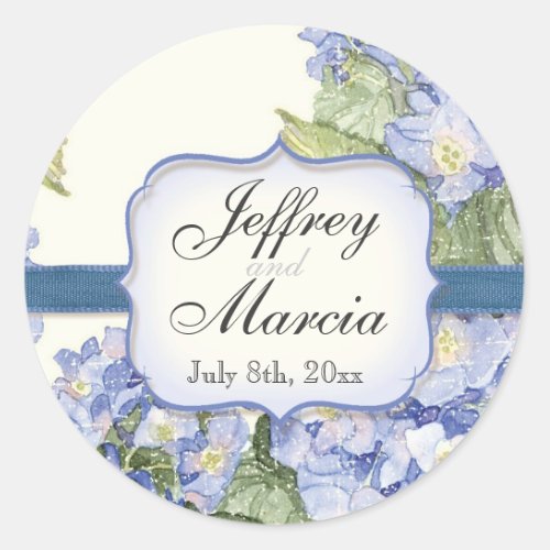 Blue Hydrangea Bracket Floral Formal Wedding Classic Round Sticker