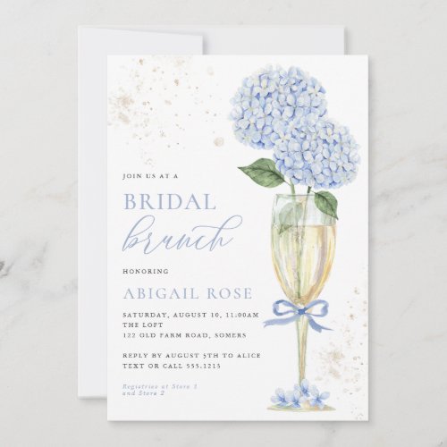 Blue Hydrangea Bridal Brunch Gold Champagne Invitation