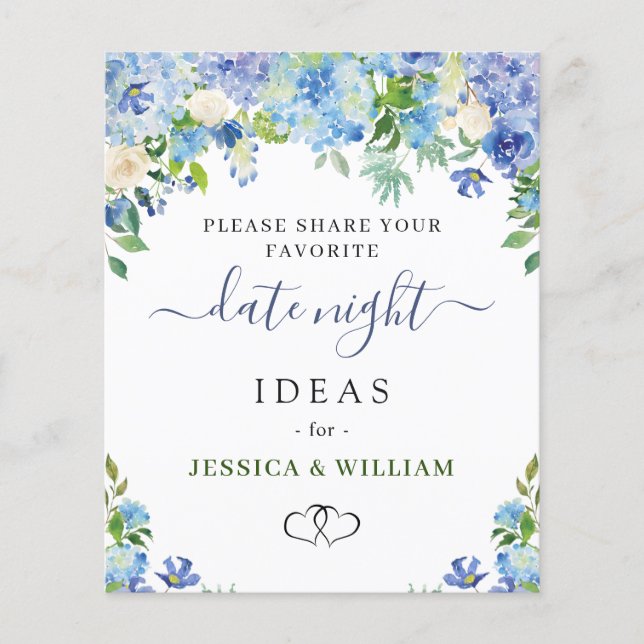 Blue Hydrangea Bridal Shower Date Night Idea Card (Front)