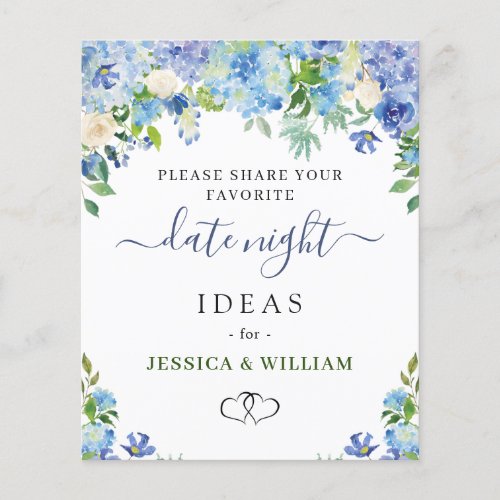 Blue Hydrangea Bridal Shower Date Night Idea Card