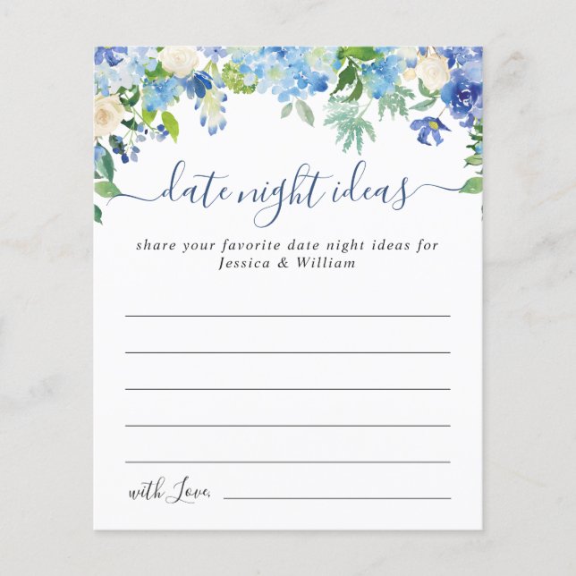 Blue Hydrangea Bridal Shower Date Night Idea Card Flyer (Front)