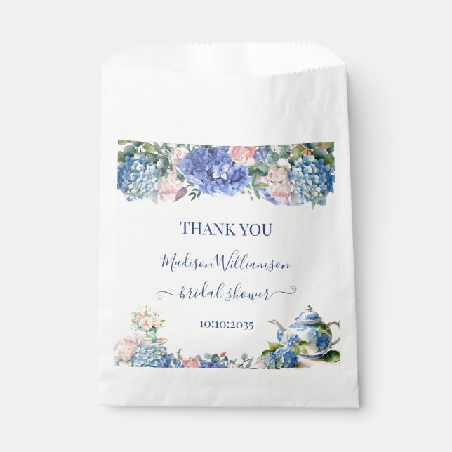 Blue Hydrangea Bridal Shower Tea Thank You Favor Bag (Front)
