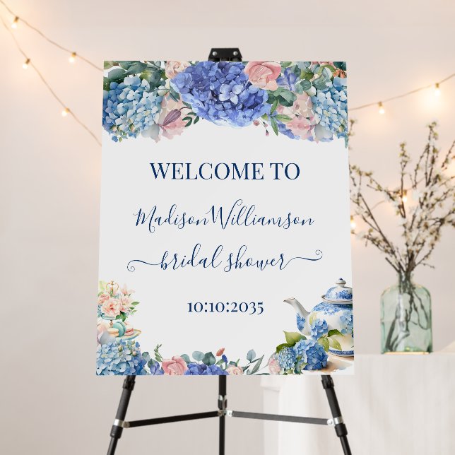 Blue Hydrangea Bridal Shower Tea Welcome  Foam Board (In Situ (Stand))