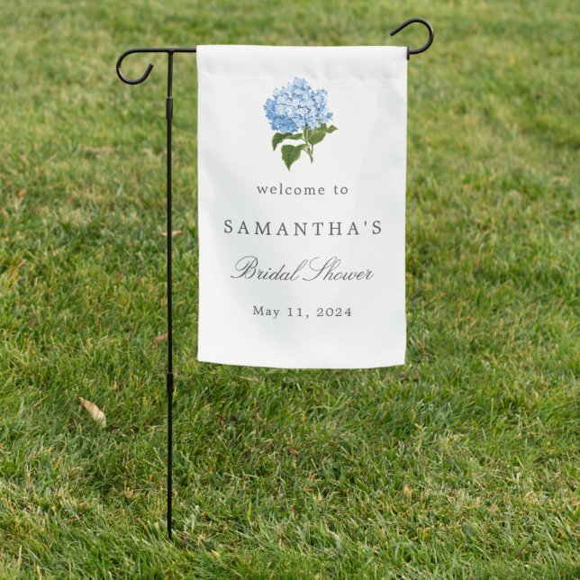 Blue Hydrangea Bridal Shower Welcome Garden Flag (In SItu)
