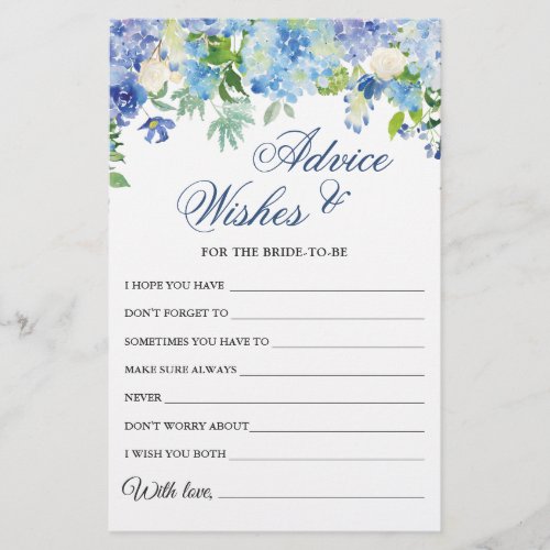 Blue Hydrangea Bridal Shower Wishes  Advice Card