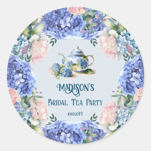 Blue Hydrangea Bridal Tea Party  Classic Round Sticker (Front)