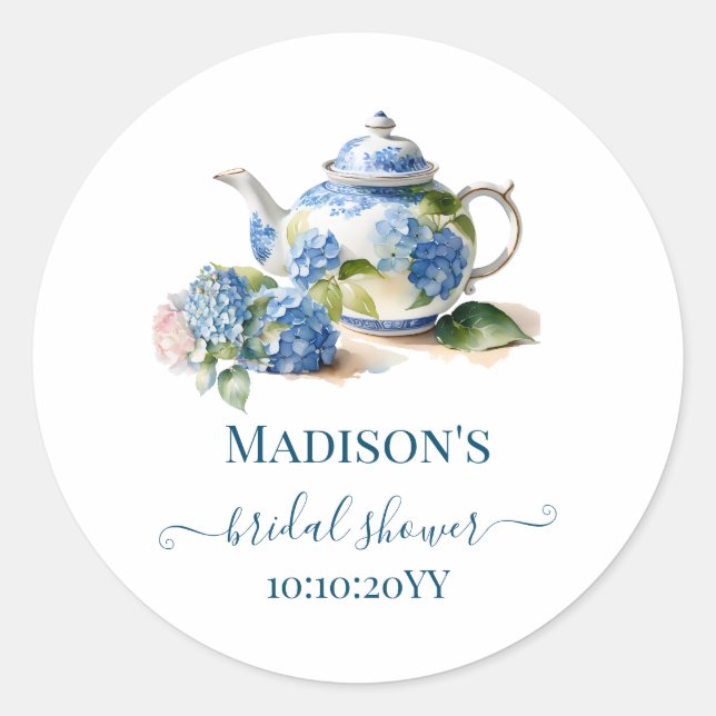 Blue Hydrangea Bridal Tea Party  Classic Round Sticker (Front)