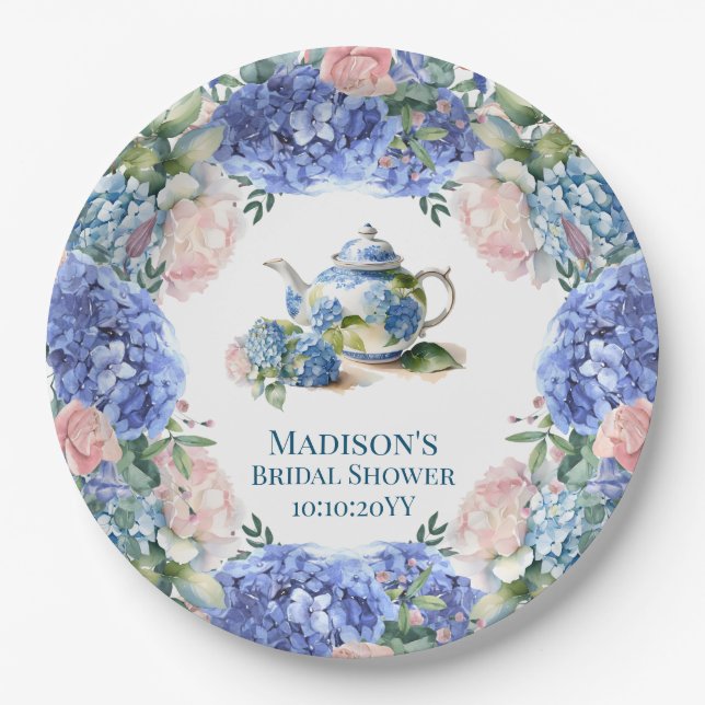 Blue Hydrangea Bridal Tea Party  Paper Plates (Front)