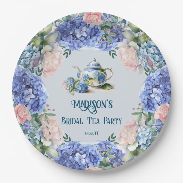 Blue Hydrangea Bridal Tea Party  Paper Plates (Front)