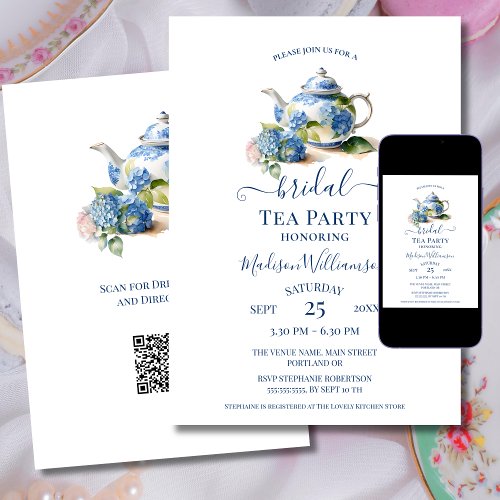 Blue Hydrangea Bridal Tea Party QR code Invitation
