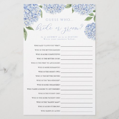 Blue Hydrangea Bride or Groom Paper Game Card