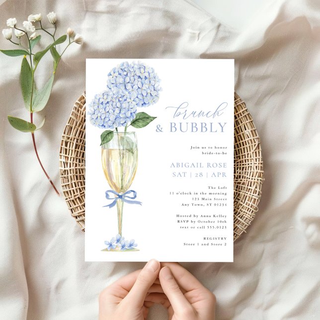 Blue Hydrangea Brunch and Bubbly Champagne Glass Invitation (Creator Uploaded)