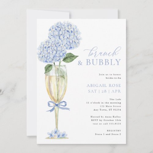 Blue Hydrangea Brunch and Bubbly Champagne Glass Invitation