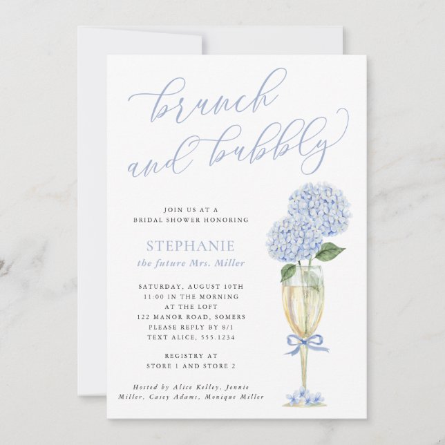 Blue Hydrangea Brunch and Bubbly Champagne Shower Invitation (Front)