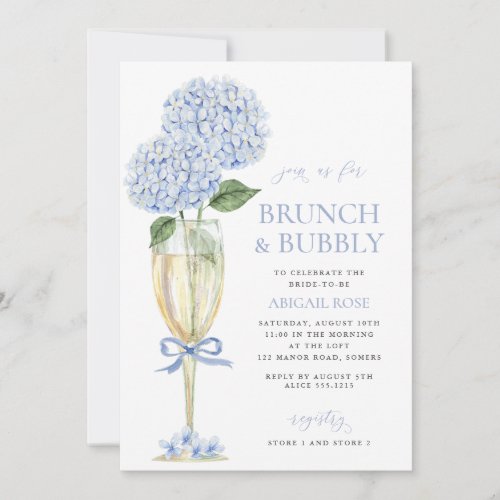 Blue Hydrangea Brunch and Bubbly Serif Champagne Invitation