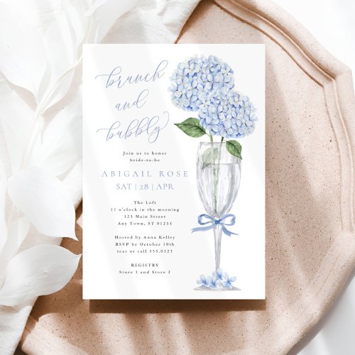 Blue Hydrangea Brunch and Bubbly Silver Champagne Invitation